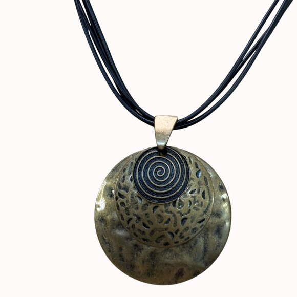 Vintage-Inspired Brass Pendant Necklace & Earrings Set With Black Spiral Design - Picture 2 of 12